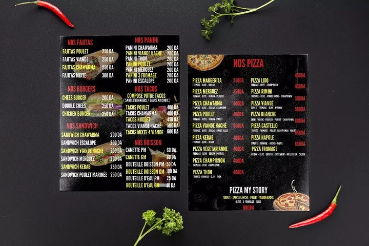 menu for pizza my story