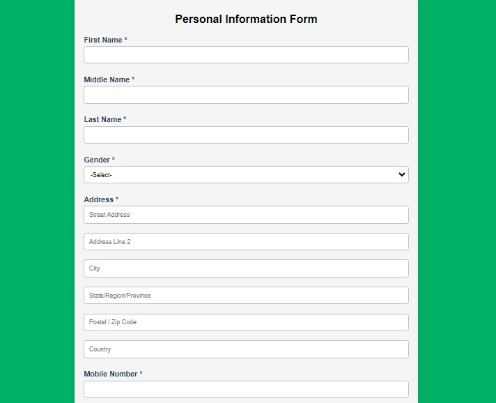 Registration personal information form