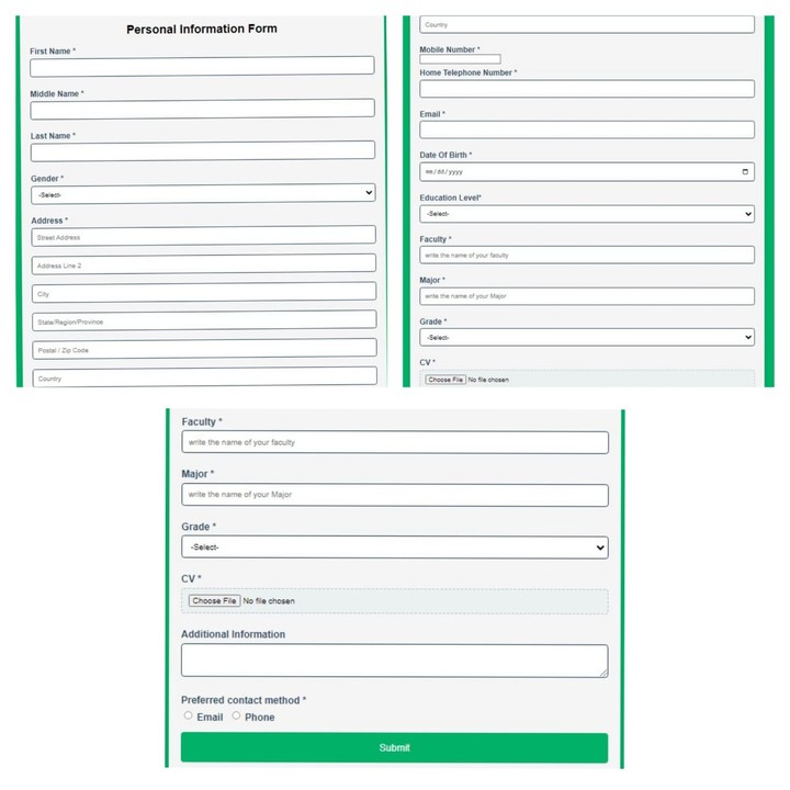 Registration personal information form