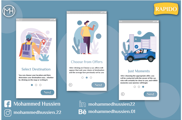 RAPIDO online car request (taxi) App Ui Design