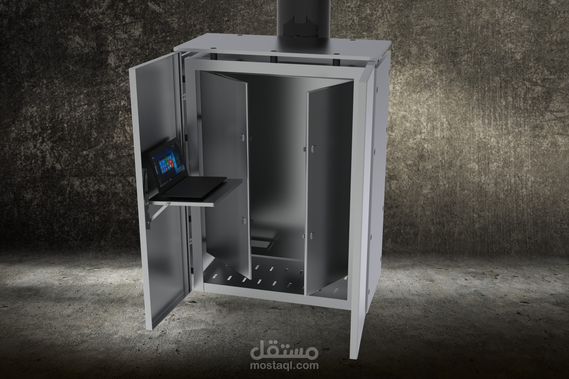 تصميم الخزانة الكهربائية (electric cabinet) مع حامل الكمبيوتر في الحامل الخارجي (shelter)