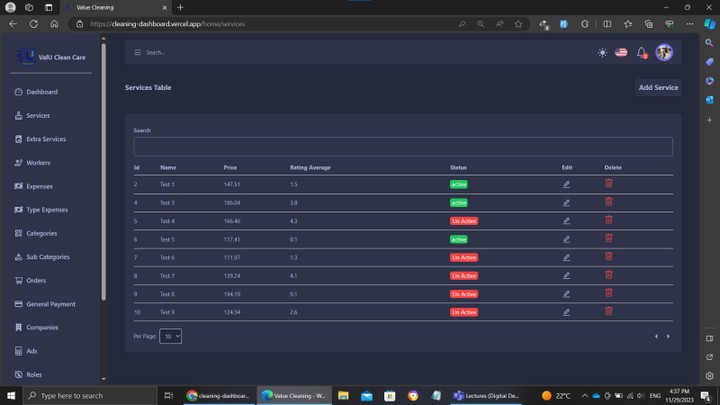 Dashboard to manage mobile app for cleaning company