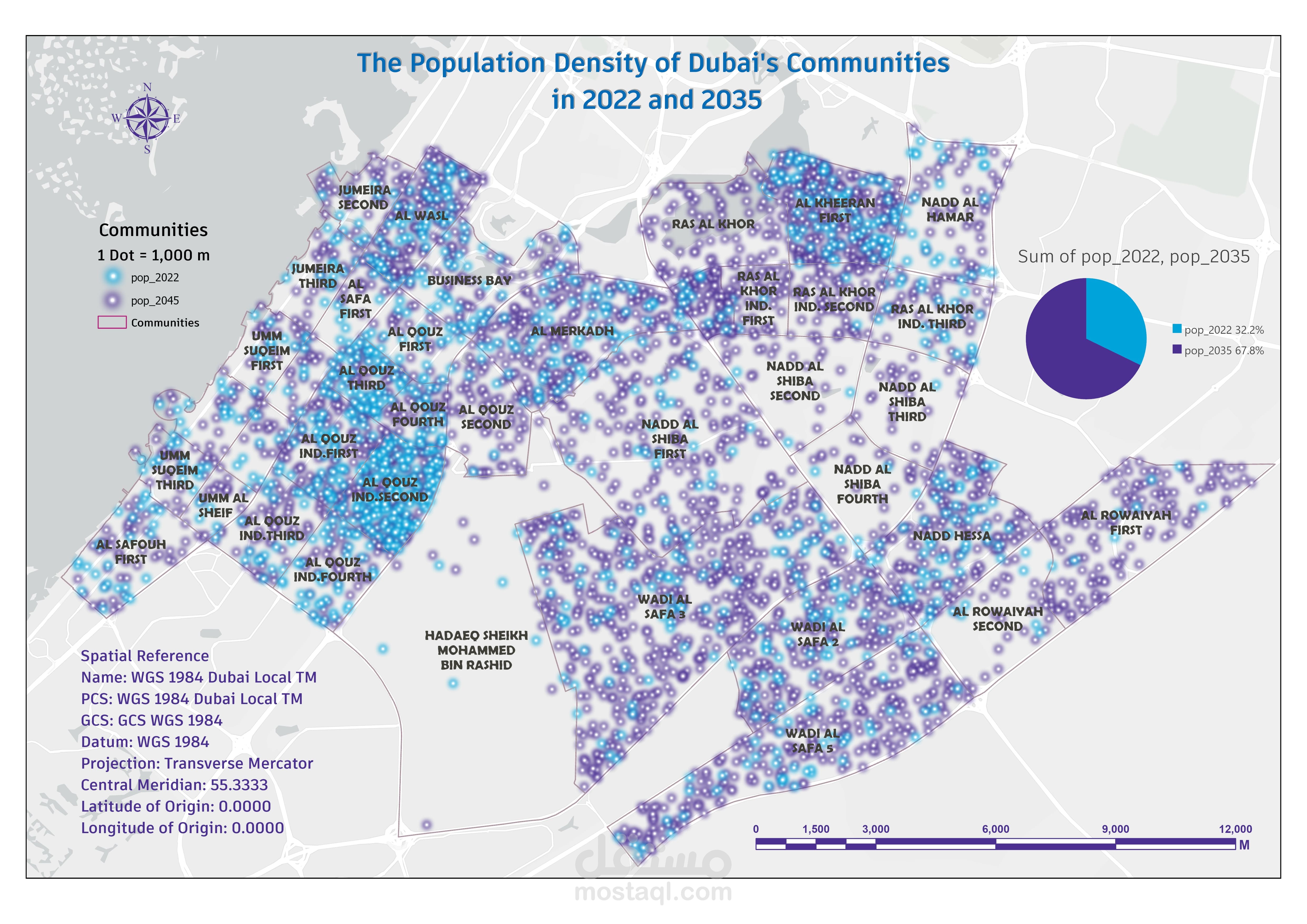 الكثافة السكانية لمجتمعات دبي في عامي 2022 و2035