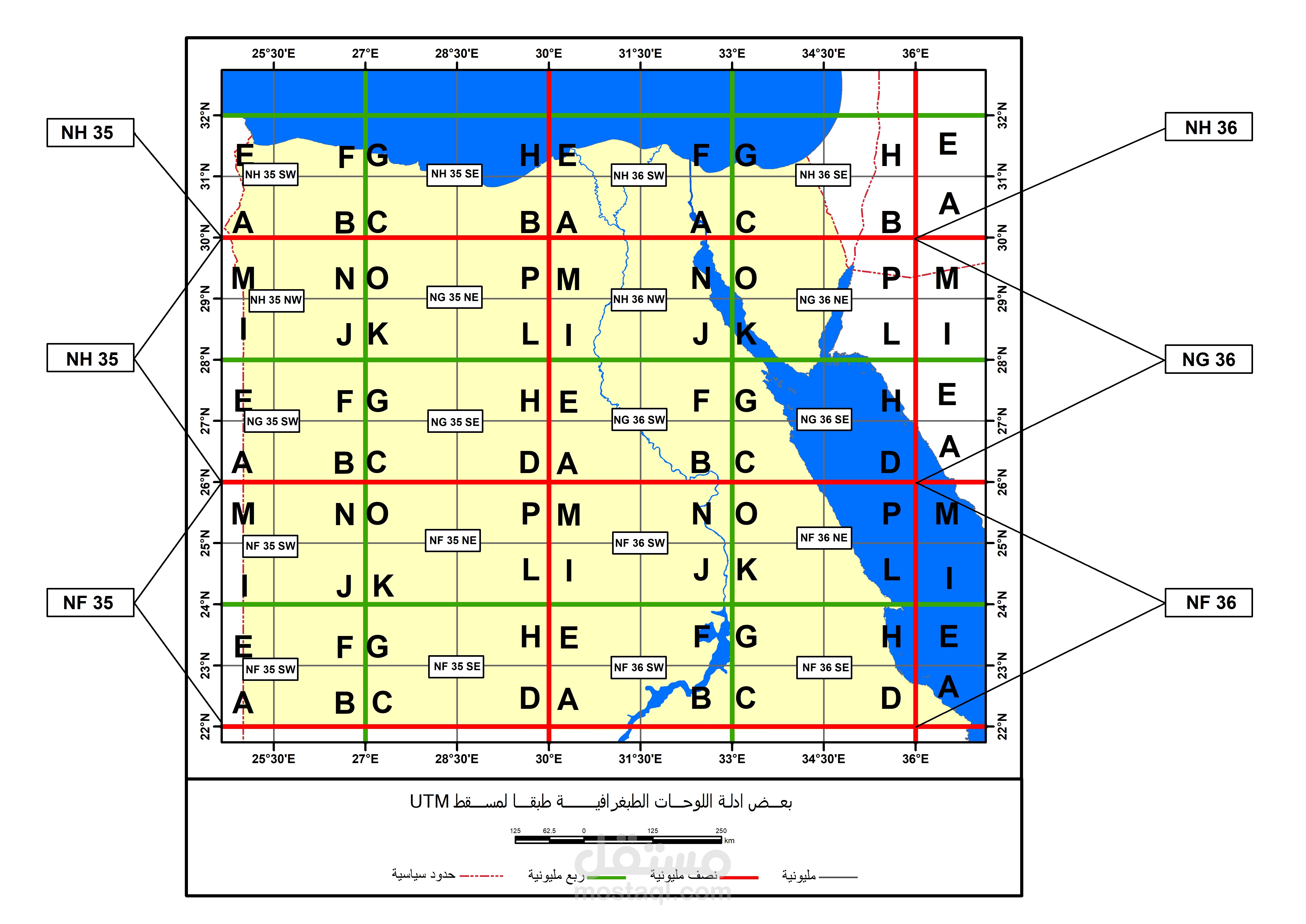 تصميم خرائط : خريطة توضيح ترقيم الخرائط الطبغرافية بنظام الاحداثيات UTM (مسقط مركيتور العالمي)