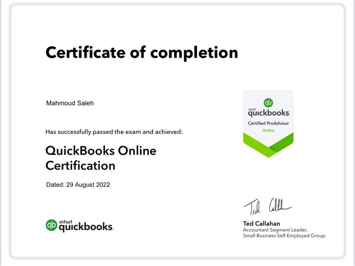 شهادة إجادة العمل على برنامج Quickbooks