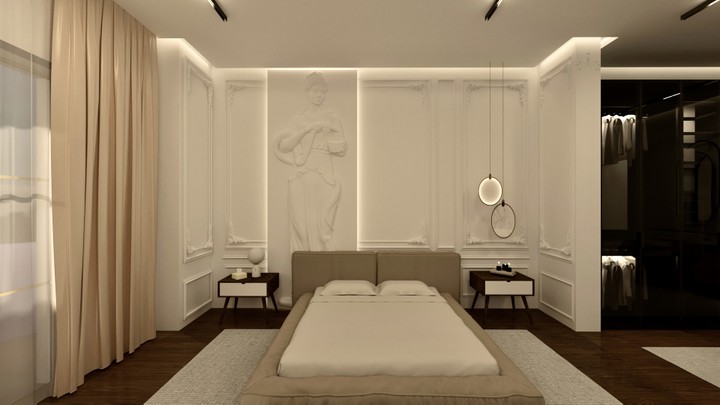 تصميم داخلي 2D و 3D لغرفة نوم ماستر و دريسينج (master bedroom)