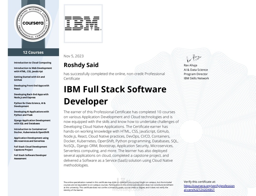 دبلومة Full Stack Software Developer Professional Certificate