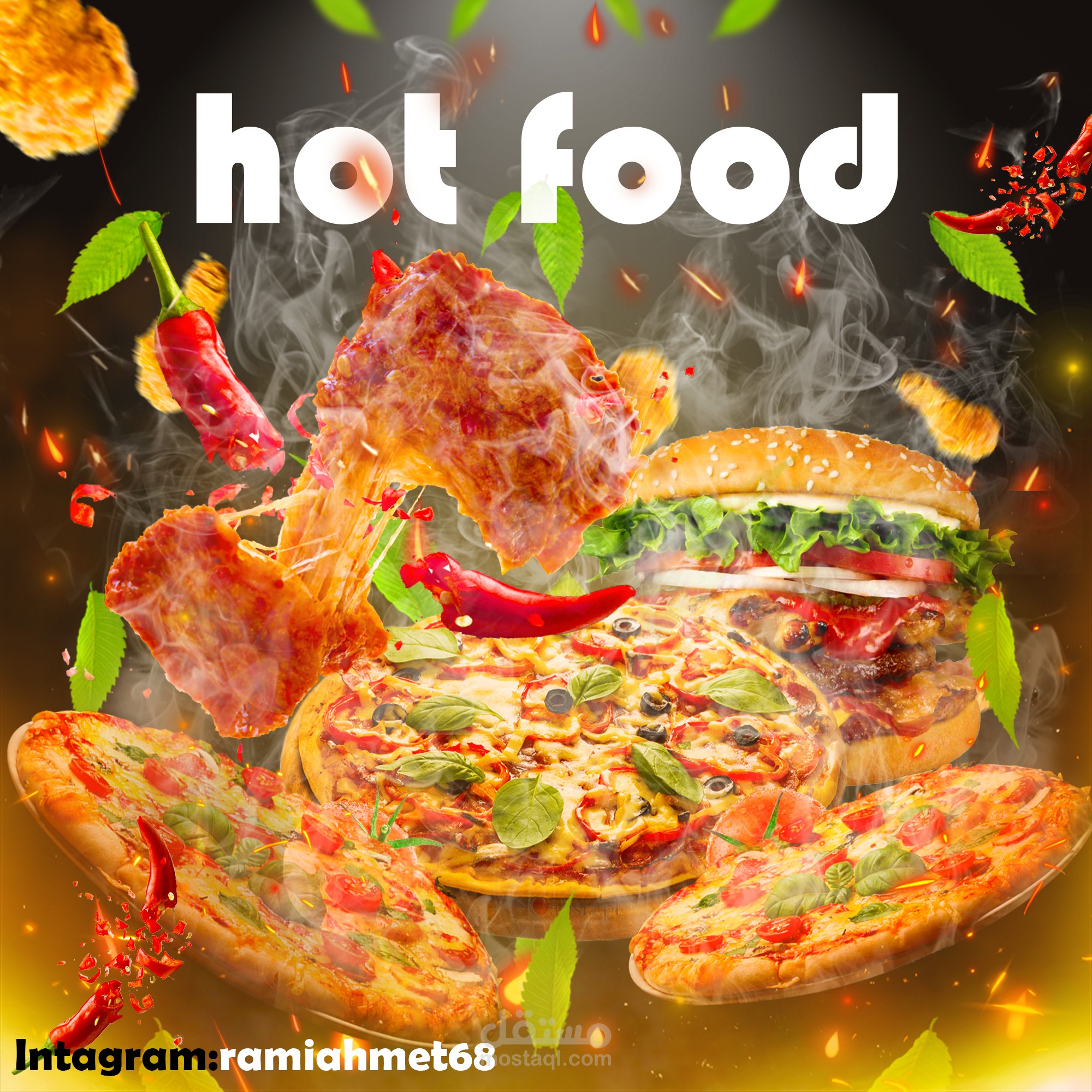 تصميم بوست سوشال ميديا  للبرامج(فيسبوك-انستغرام-تويتر)بعنوان HOT FOOD