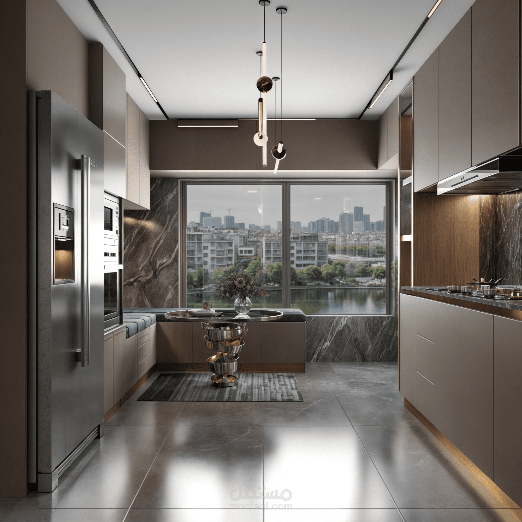 مطبخ نيو كلاسيك فاخر بجلسة عصرية – Luxury Neo-Classic Kitchen with Modern Seating