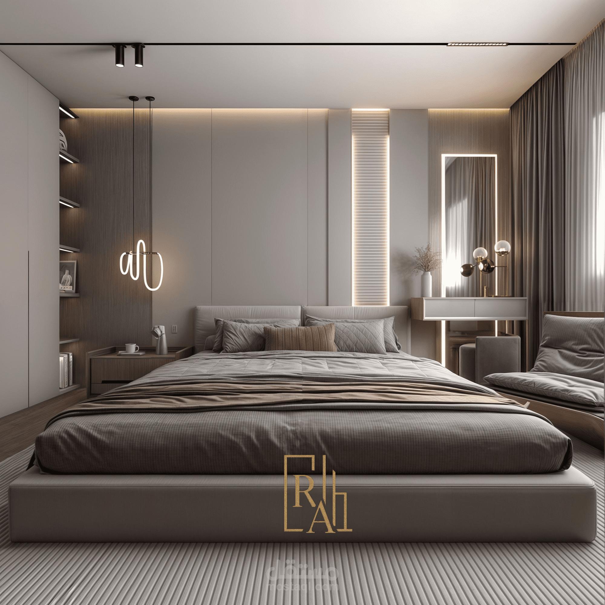 غرفة نوم مودرن بتصميم راقٍ وألوان هادئة – Modern Bedroom with Elegant Design & Soft Tones