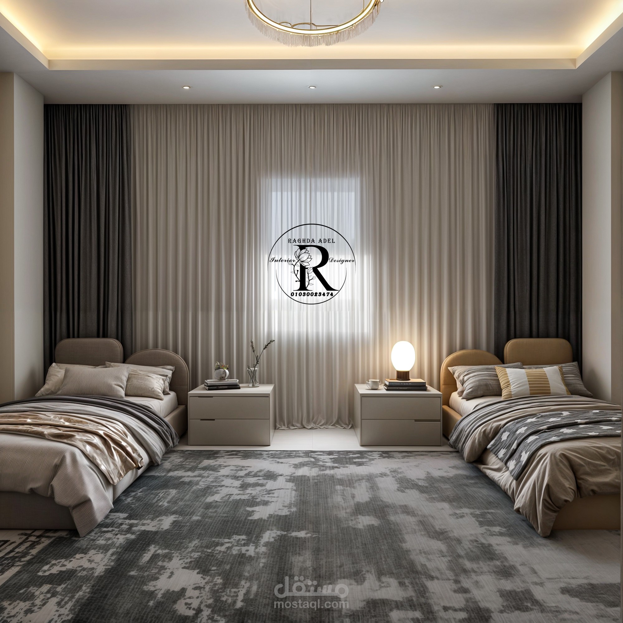غرفة نوم للوالدين بسريرين بتصميم هادئ وألوان رمادية – Parents’ Bedroom with Twin Beds & Calm Grey Palette