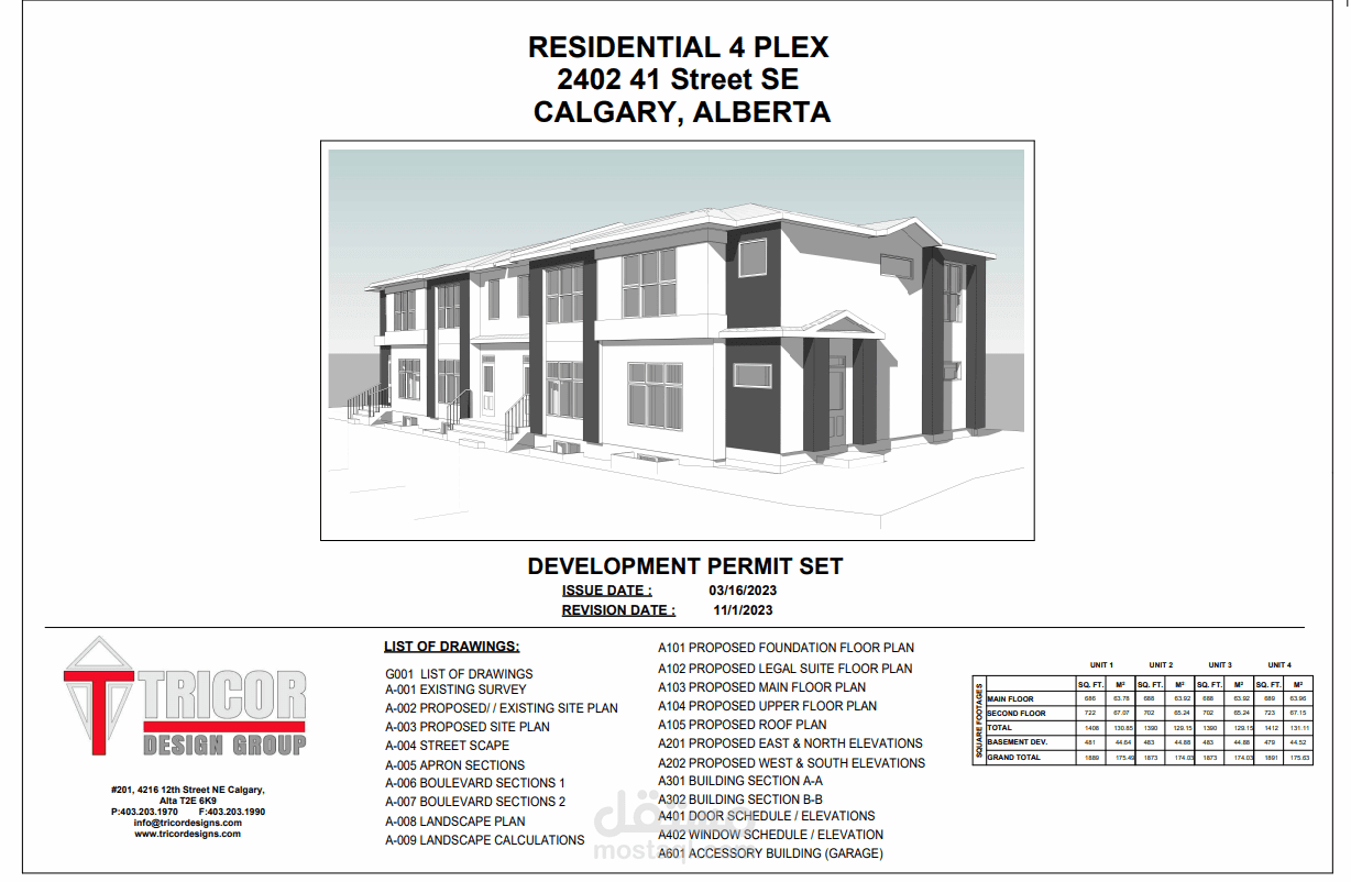 خرائط هندسية لمبنى سكني يتكون من 4 وحدات في كندا