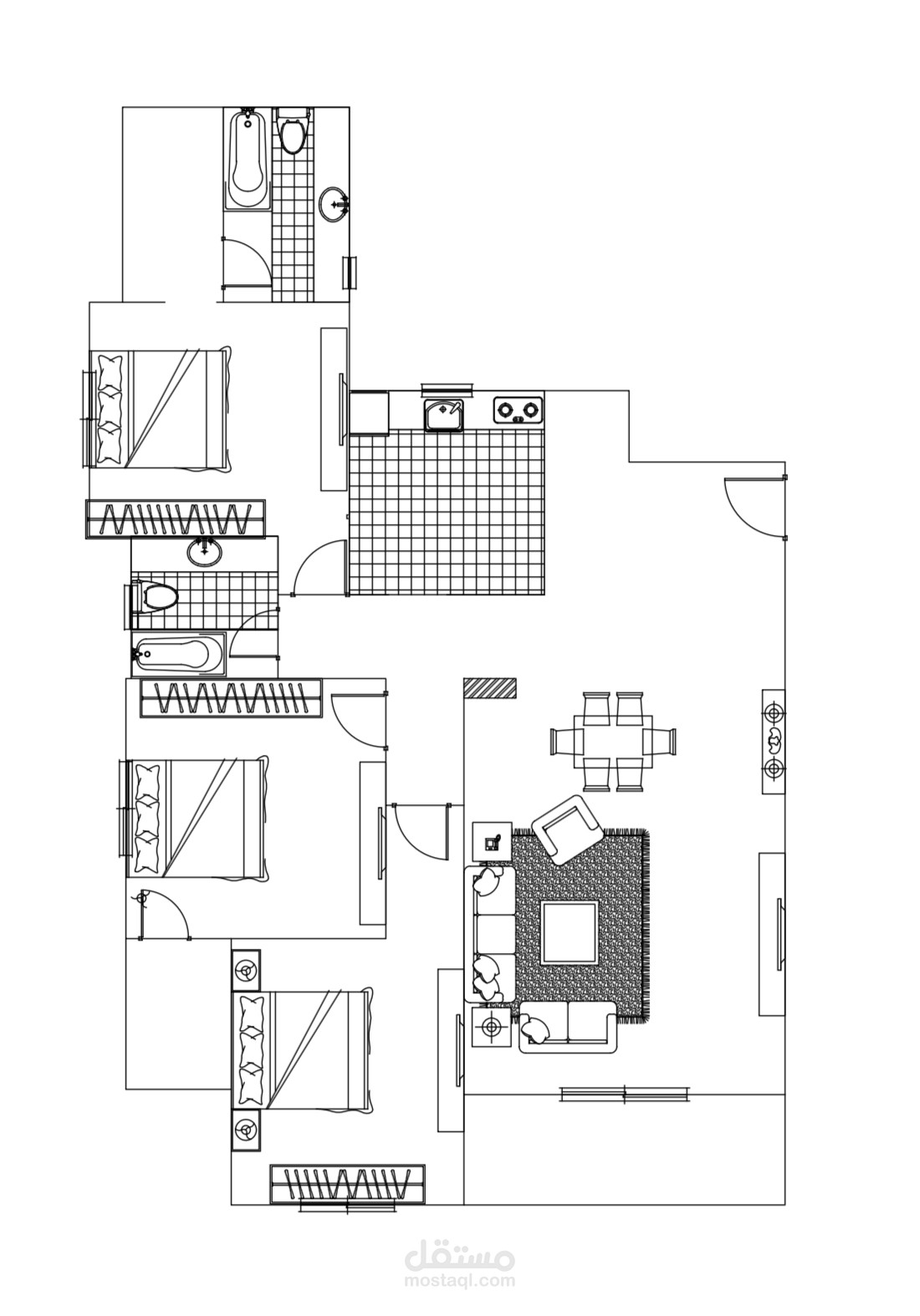 مخطط فرش داخلي شقة سكنية (Furniture Layout) – تصميم مبدئي توضيحي