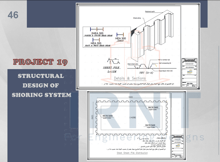 مخططات التصميم الانشائي لسند جوانب الحفر SHORING SYSTEMS AND DEWATERING