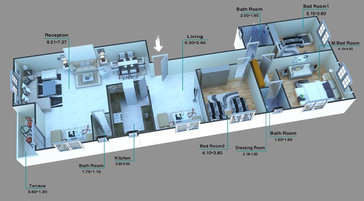 تصميم 3d  لشقة سكنية كاملة