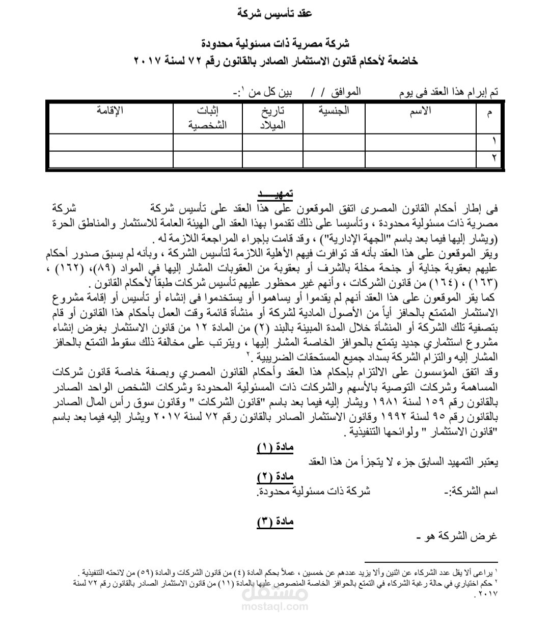 عقد تأسيس شركة ذات مسئولية محدودة