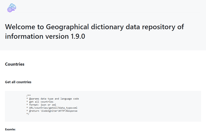 Geographical dictionary data repository of information version 1.9.0 - API