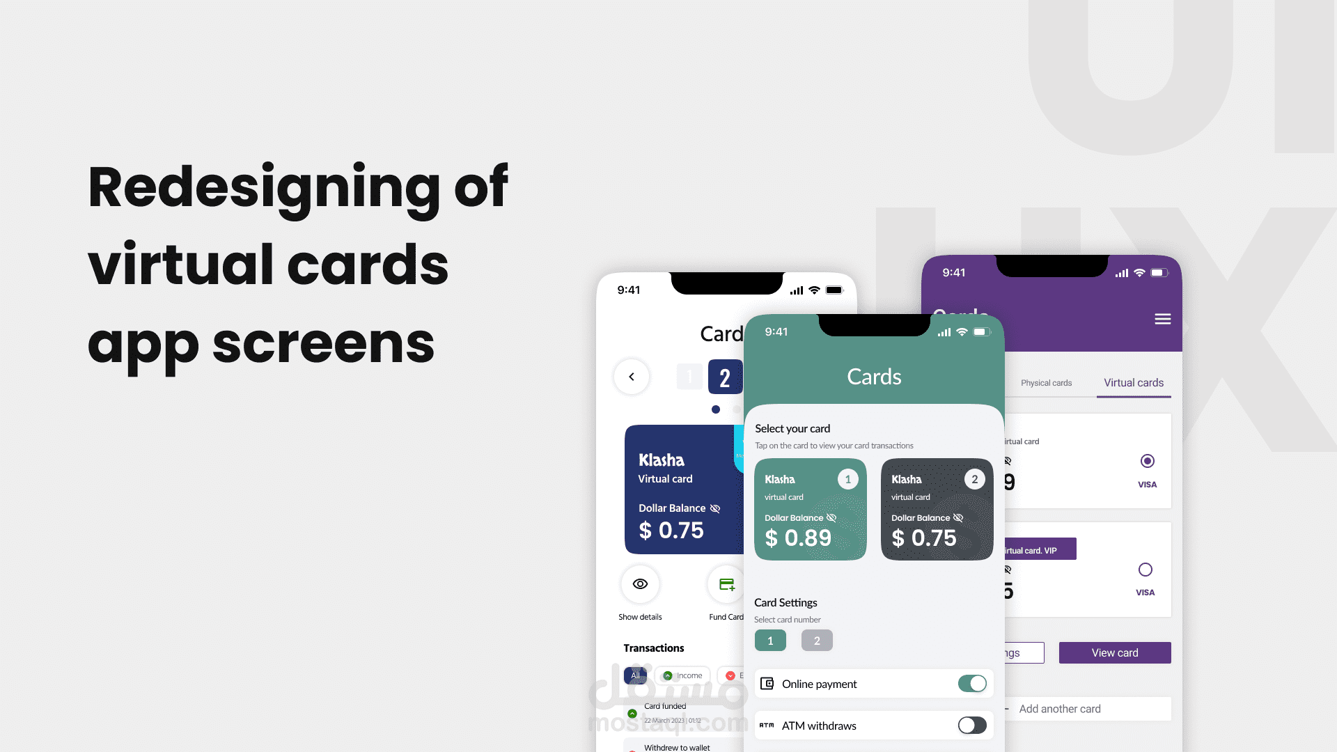 تصميم واجهات مستخدم لتطبيق خاص بالدفع عبر الانترنت - Virtual payment app screens UI