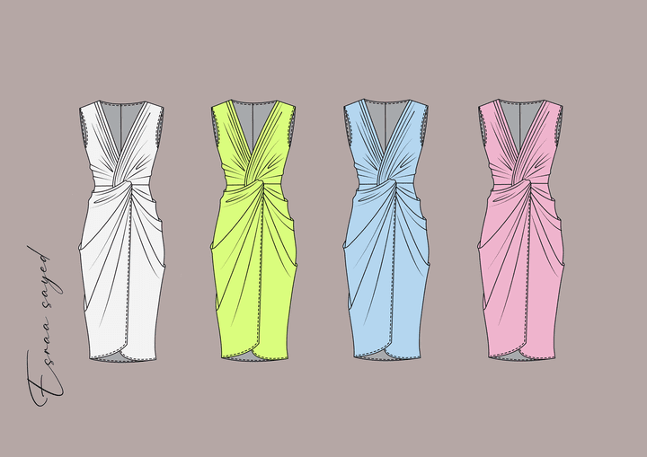 رسم مسطح لفستان سهرة بالوان مختلفة باستخدام برنامج الاليستريتور