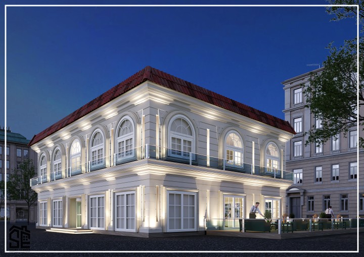 An exterior design for an club house building in the classic style