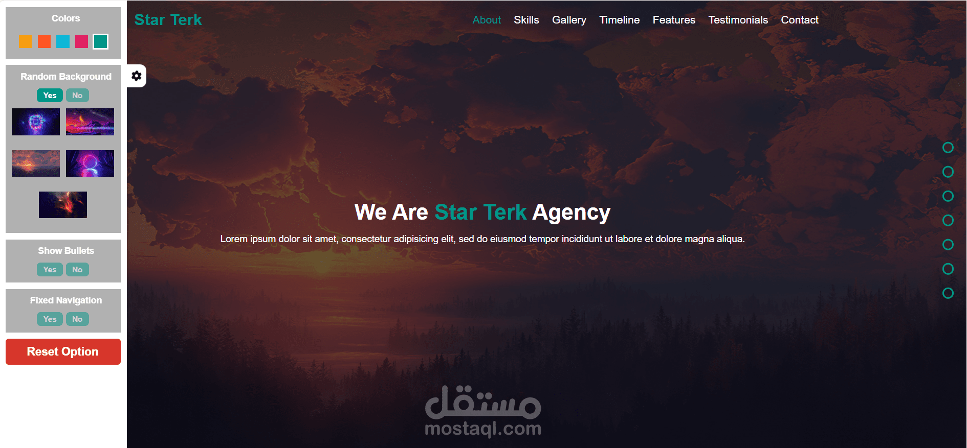صفحة هبوط تفاعلية بتعرض مجموعة من الأقسام مثل نبذة تعريفية، المهارات، معرض صور، مميزات، وجدول زمني، وكل ده بتصميم جذاب وتجربة مستخدم سلسة.