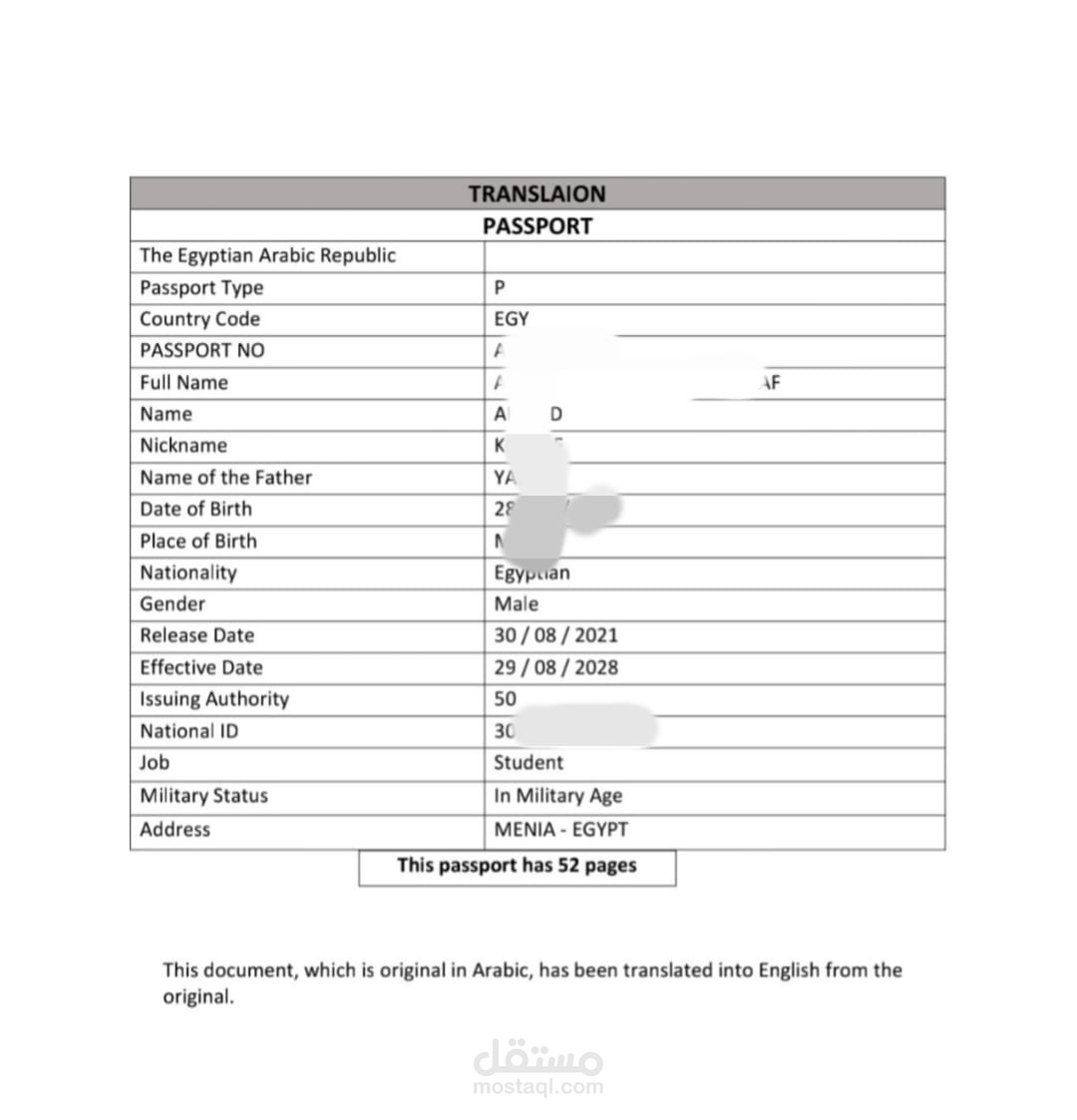 ترجمة جواز السفر من الللغة العربية للغة الانجليزية
