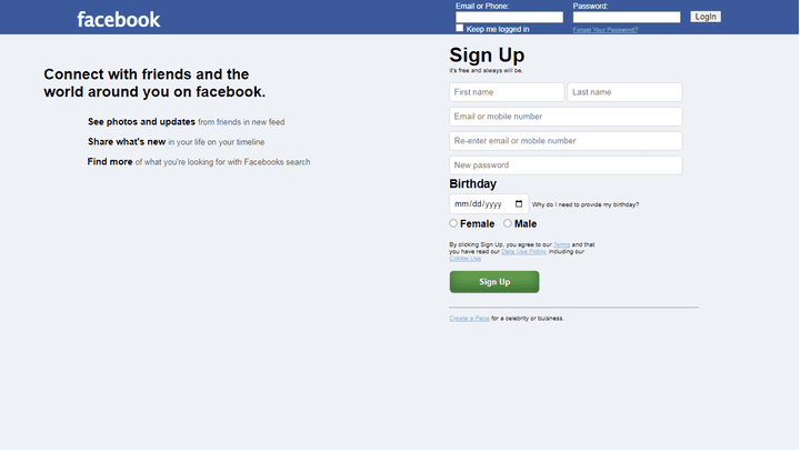 Facebook old Log-In form