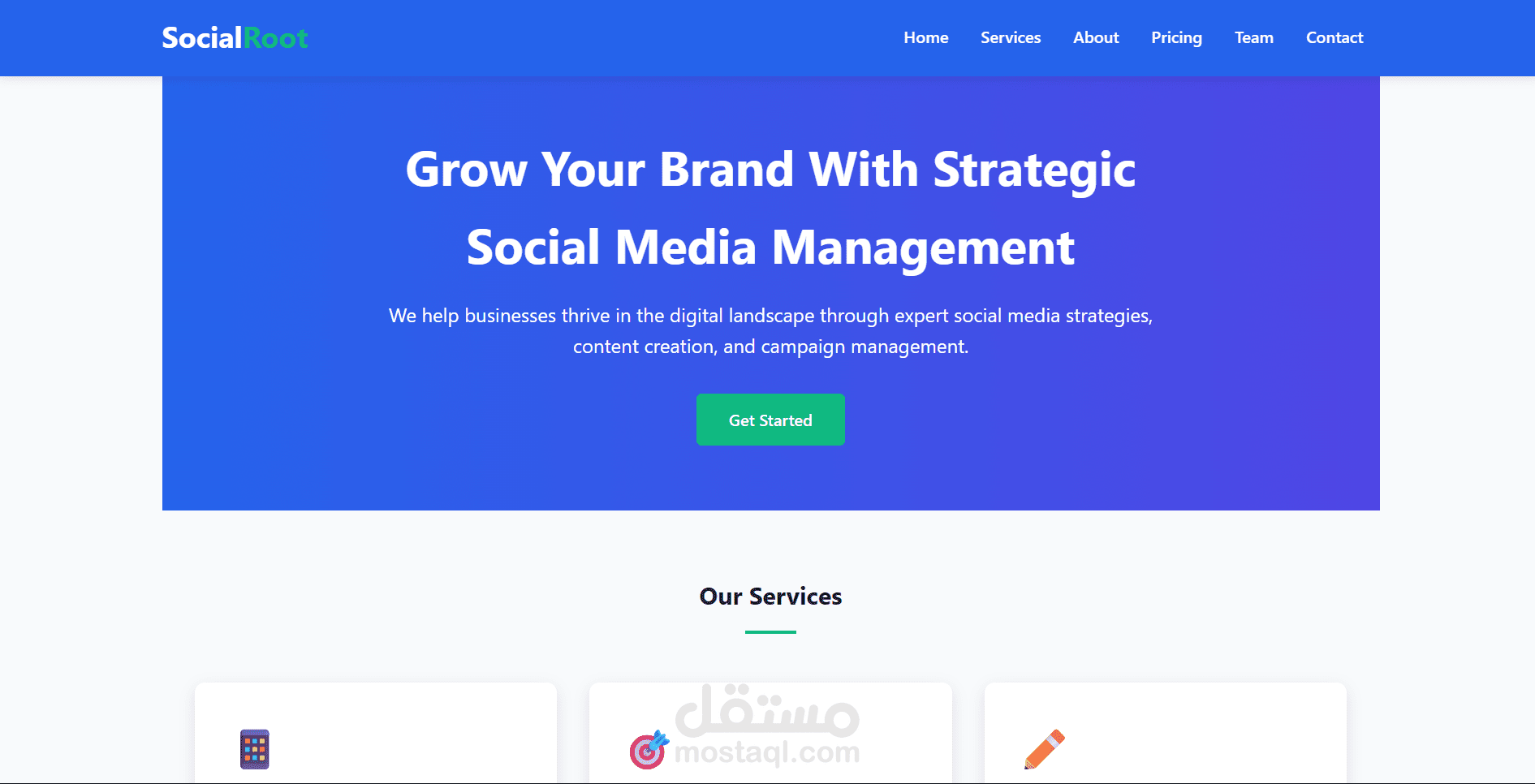 تصميم وتطوير موقع وكالة تسويق رقمي (SocialRoot) بـ HTML / CSS / JavaScript — صفحة خدمات، باقات وتسعير، وفورم تواصل