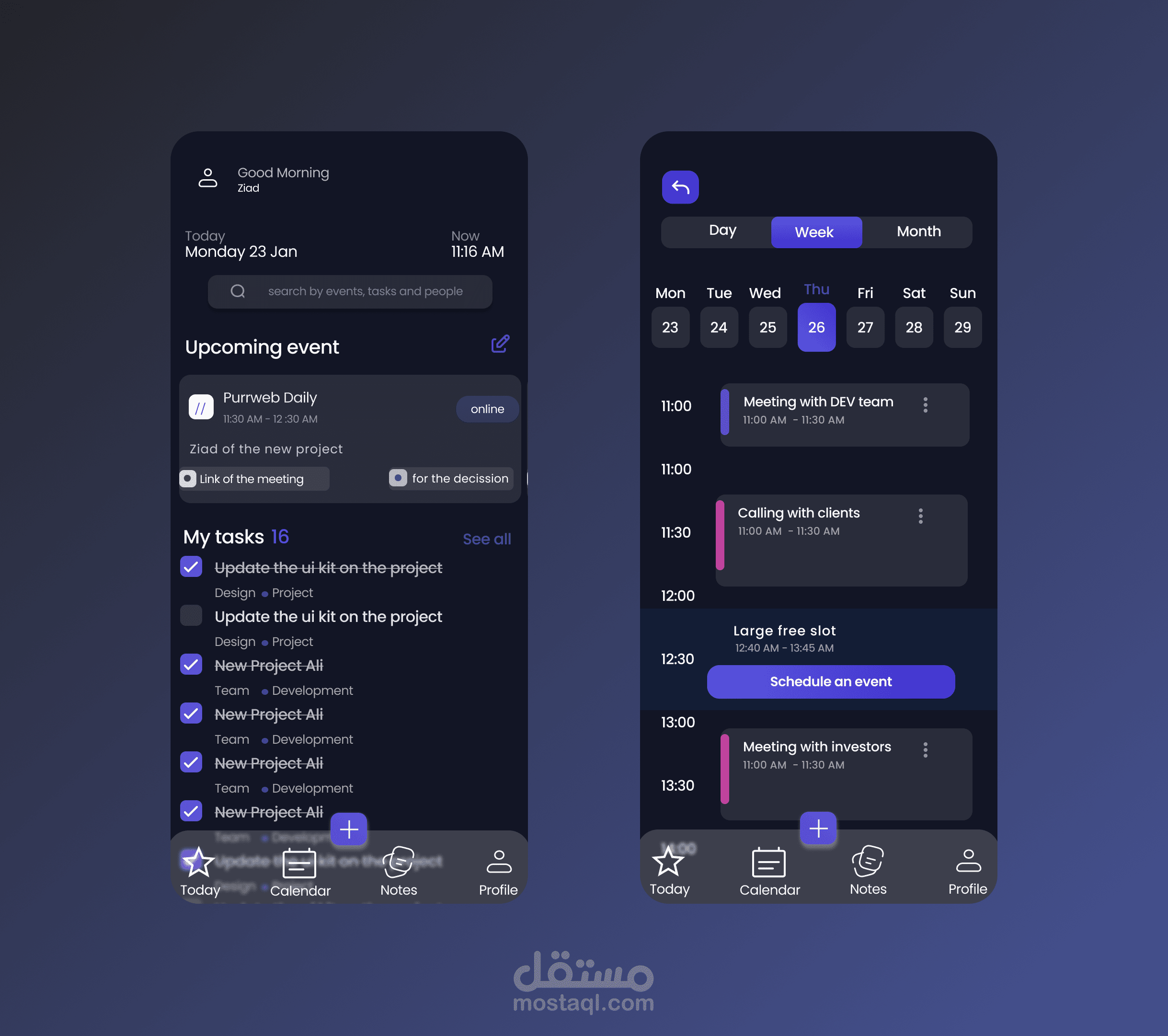 تصميم واجهة تطبيق لإدارة المهام والاجتماعات (UI/UX احترافي)