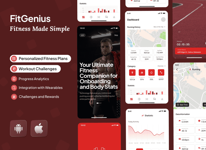 FitGenius - تطبيق جوال للياقة البدنية.