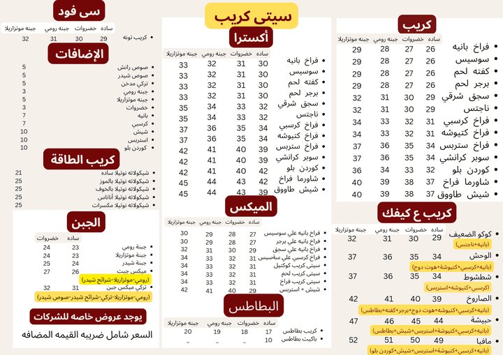 منيو مطعم يتكون من صفحه واحده