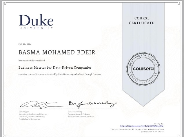 شهادة من جامعة ديوك الأمريكية في مقاييس الأعمال للشركات المعتمدة على البيانات _Business Metrics for Data-Driven Companies Duke University