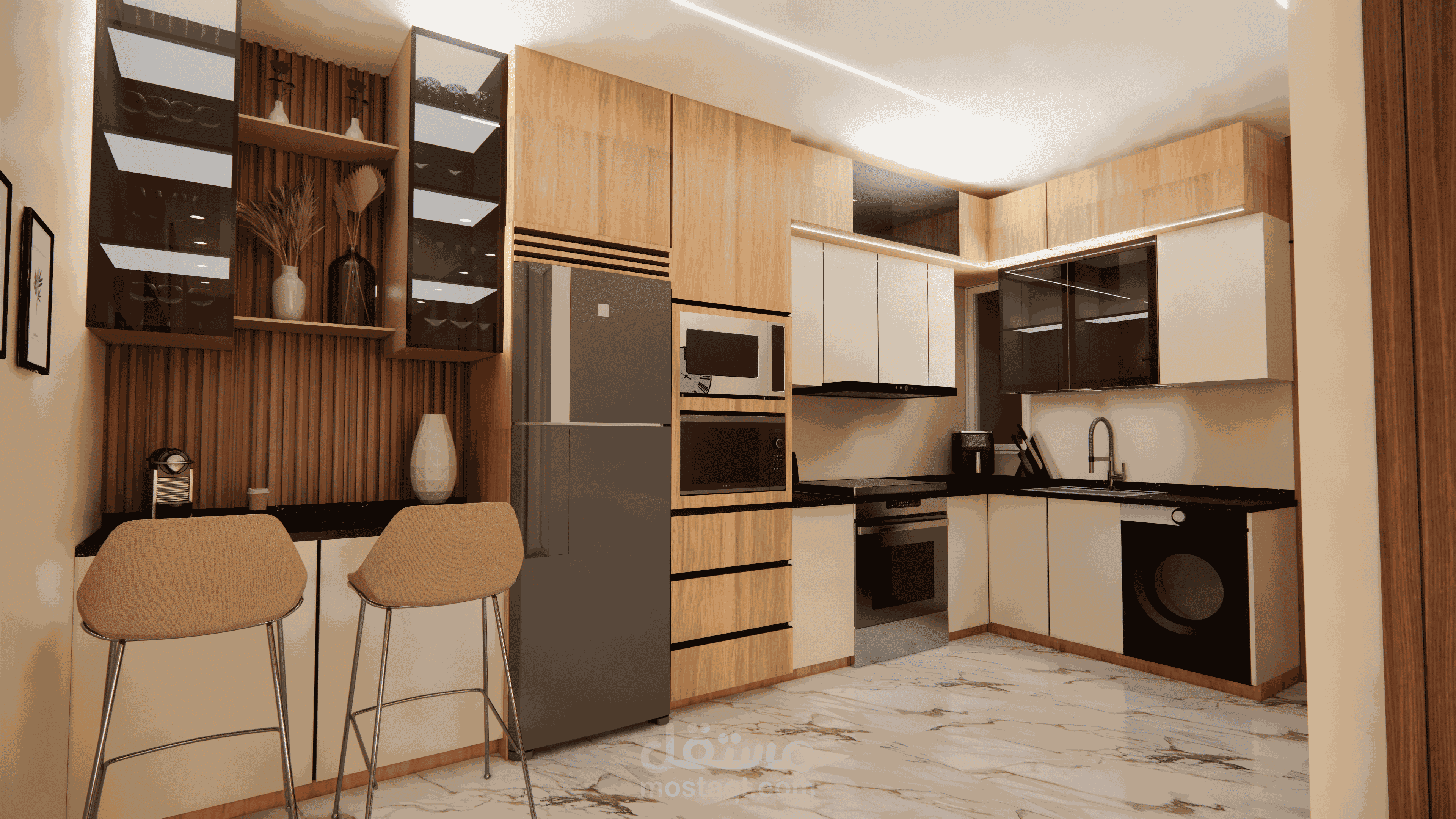 التصميم الداخلي – المطبخ وغرفة المعيشة
