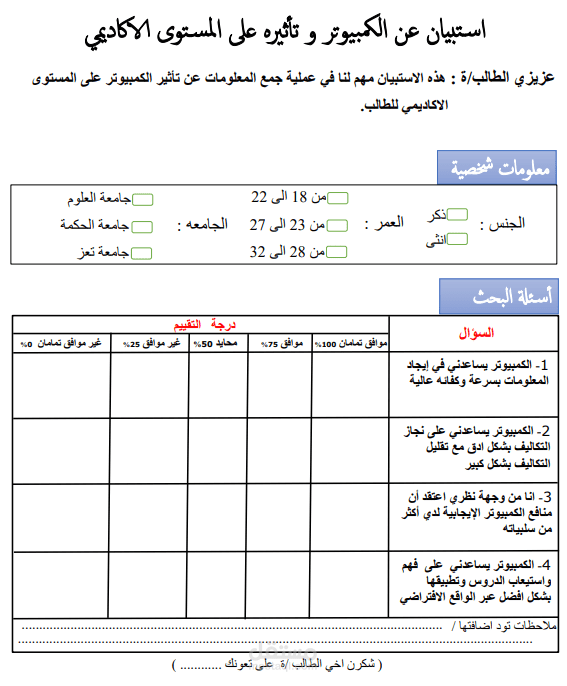 استبيان اكاديمي عن الحاسوب