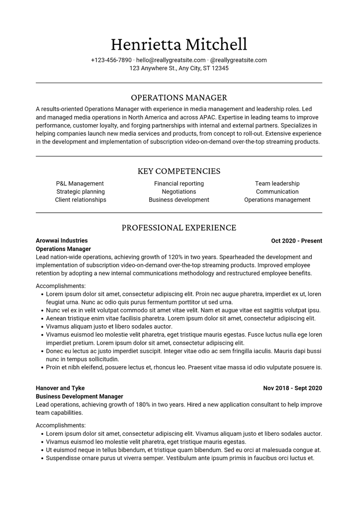 Resume for an operation manager