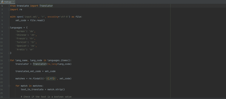Python code to translate XML file to multiple languages