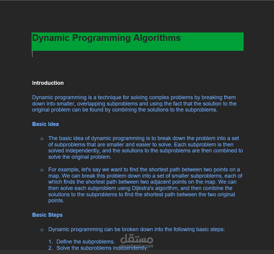 report about programming dynamic algorithm | مستقل