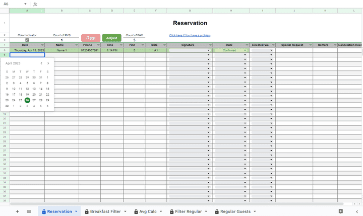 Reservation Sheet