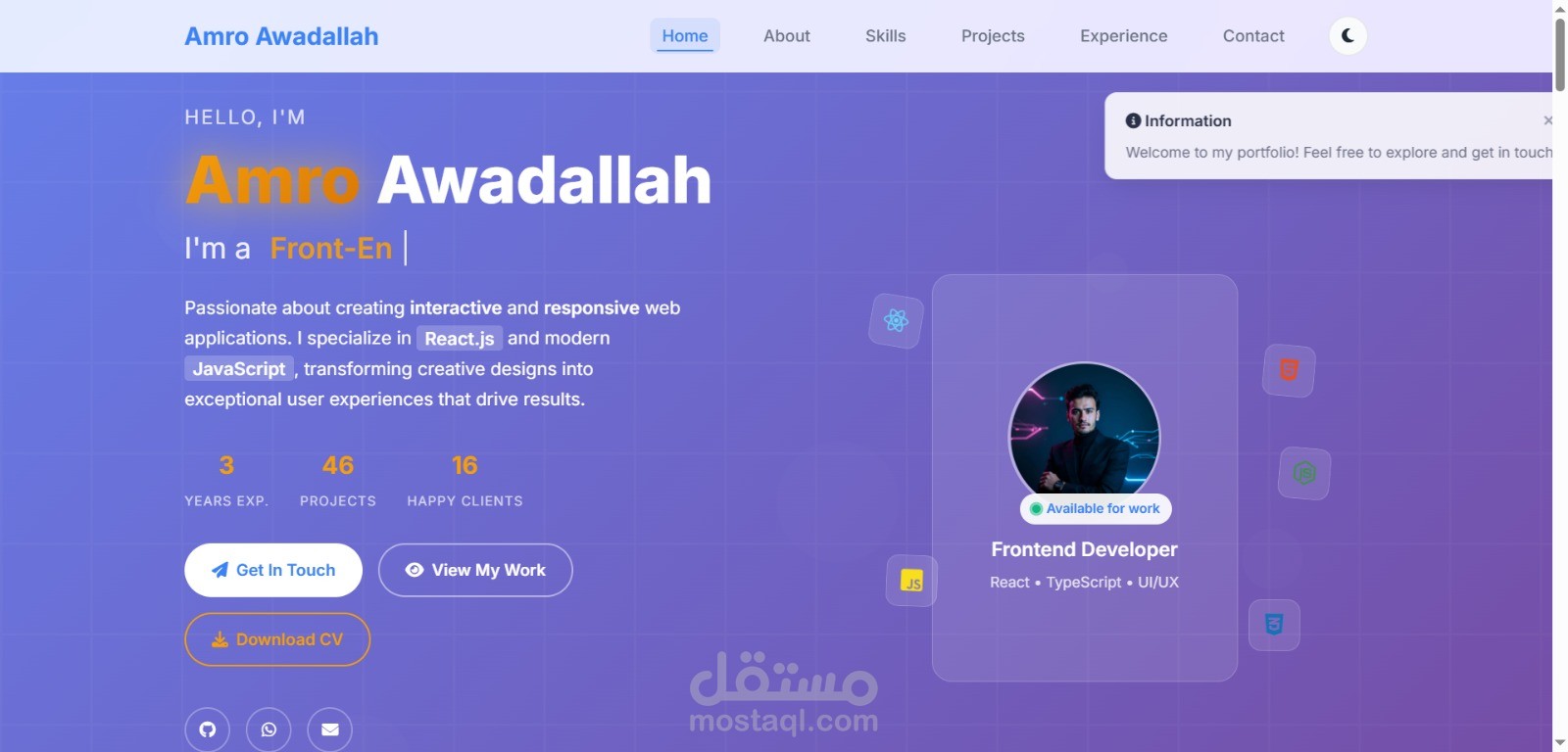 تصميم وتطوير صفحة Portfolio شخصية