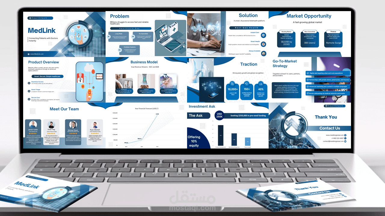 تصميم عرض تقديمي استثماري احترافي – مشروع Medlink للرعاية الصحية الرقمية