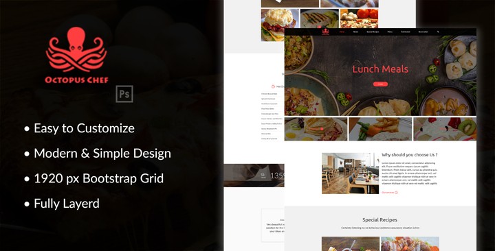 Octopus Chef is a clean and unique and simple PSD template for Resturants and cafes.