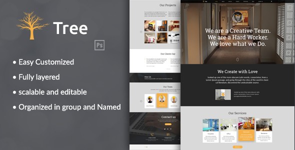 tree is aclean and unique multi-purpose PSD template for all kinds of engineering company especially interior design .