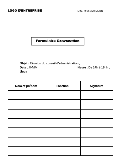 Formulaire de convocation