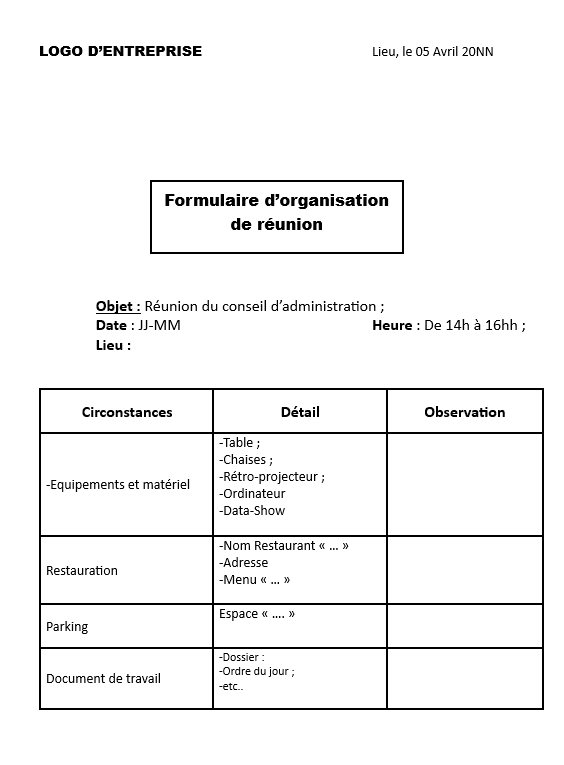 Formulaire d’organisation de réunion