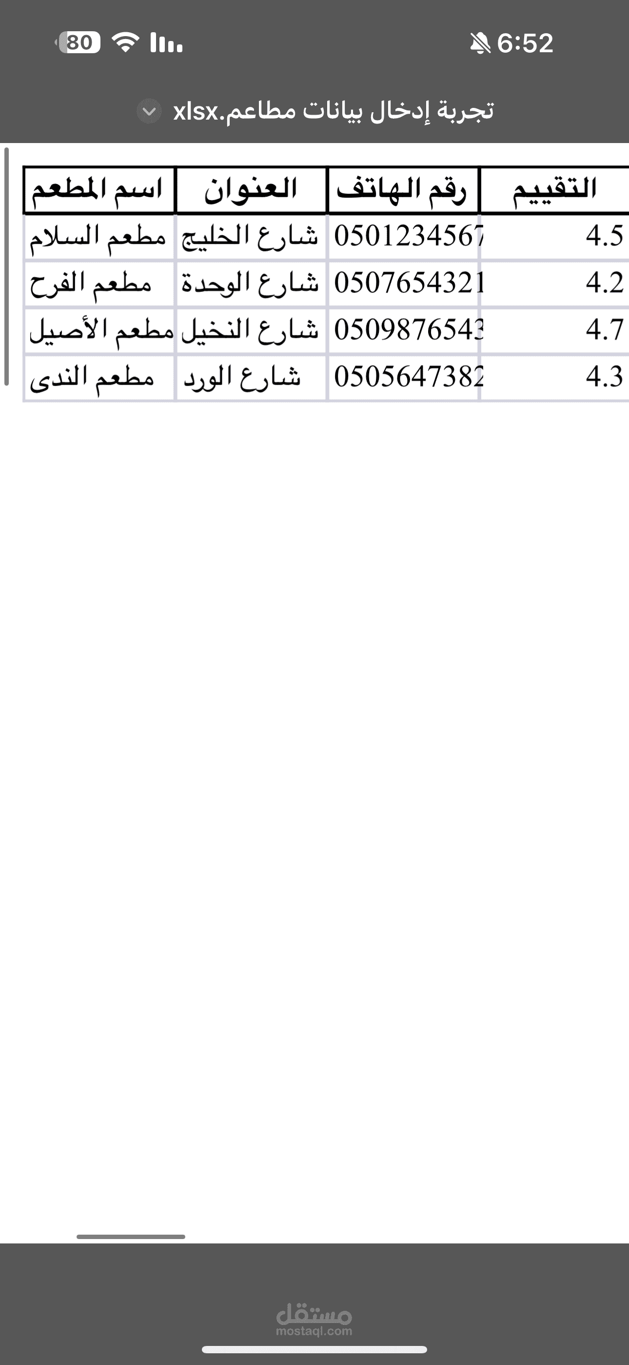 إدخال بيانات مطاعم وتنظيمها في Excel