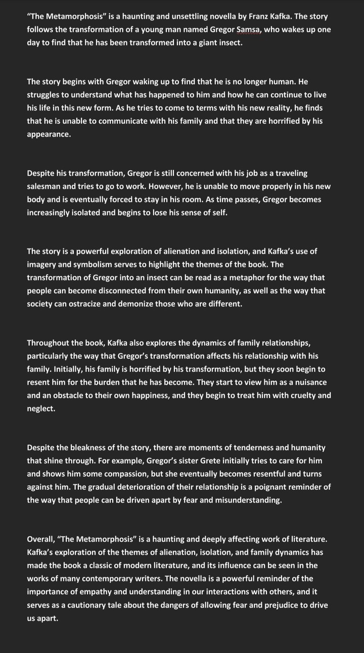 A 500 word summary of "The Metamorphosis" by Franz Kafka