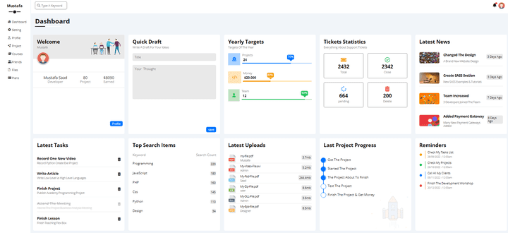 موقع الكتروني عباره عن Dashboard مكونه من عده اقسام setting لتعديل الاعدادات لكل مستخدم profile يحتوي علي البياناتت لكل مستخدم وعده اقسام اخري مثل [Project ,Courses ,  Friends ,   Files  ,   Plans]