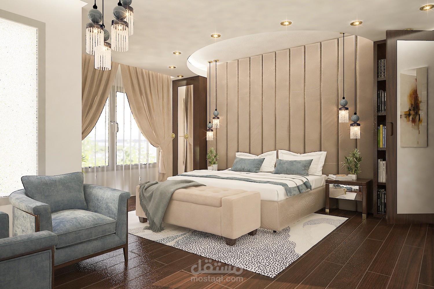 تصميم لغرفة نوم مع غرفة ملابس