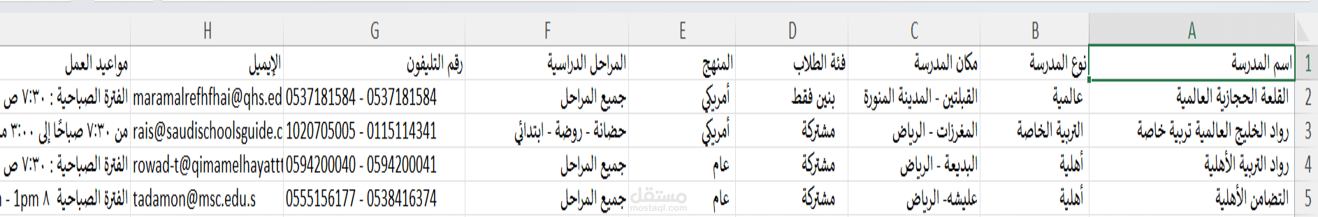 قاعدة بيانات المدارس السعودية فى ملف إكسيل