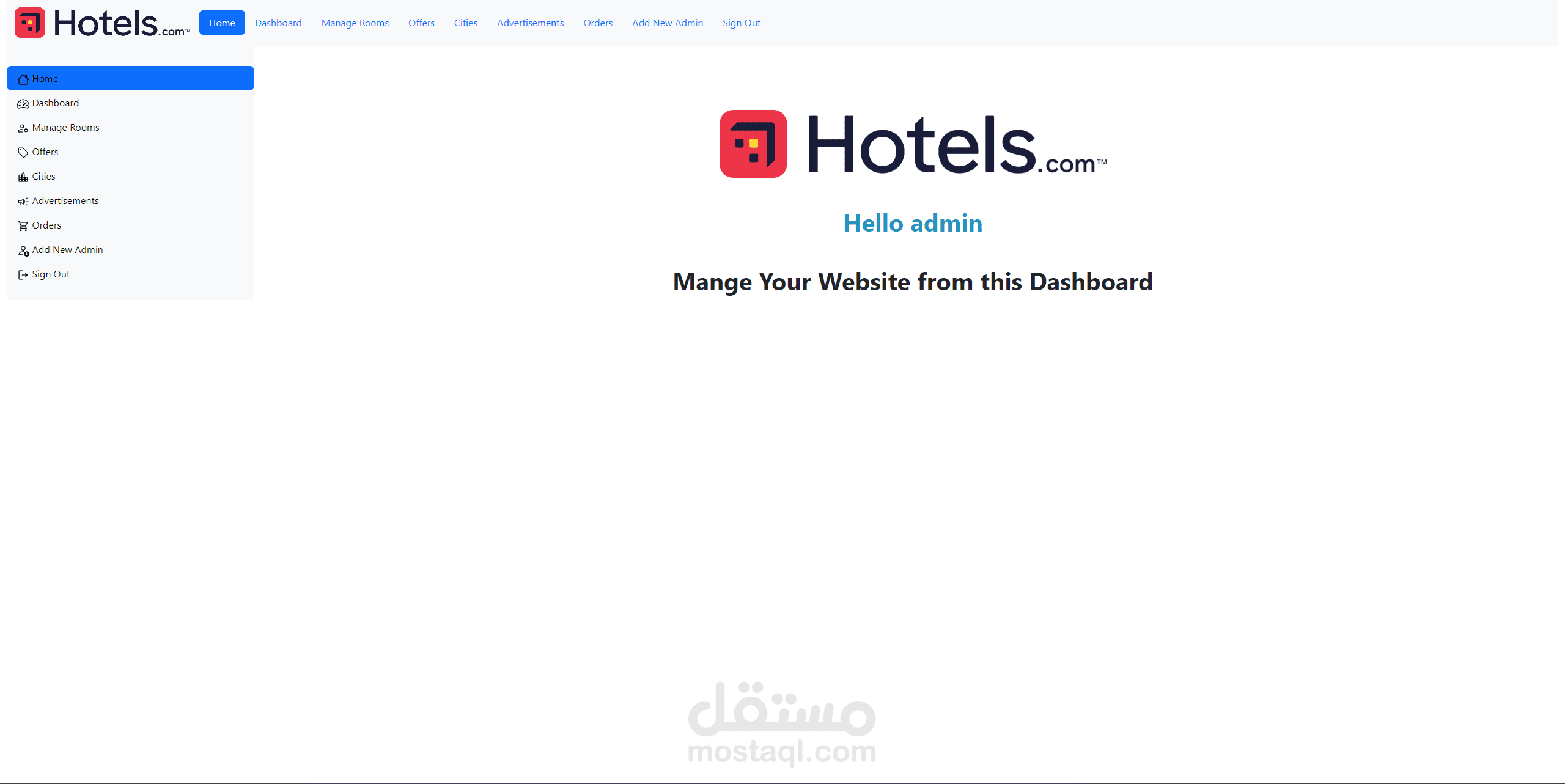 Admin dashboard of the Hotels.com mimic project